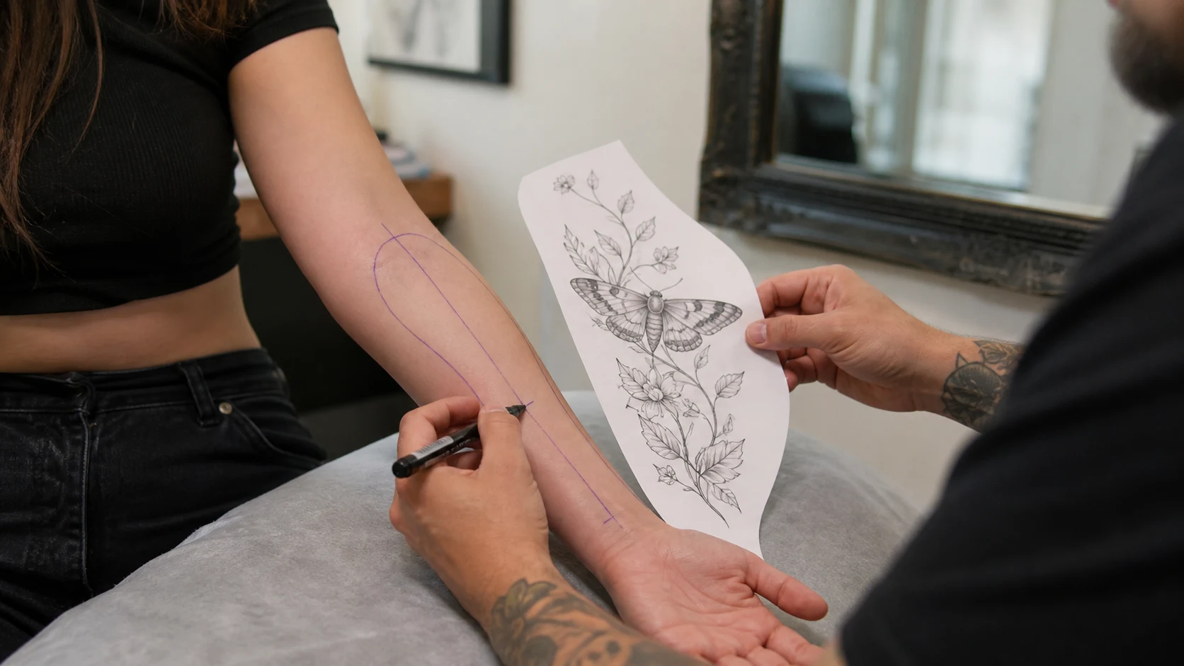 A tattoo artist marking the axis of a client’s forearm while checking a paper concept against the body’s natural flow