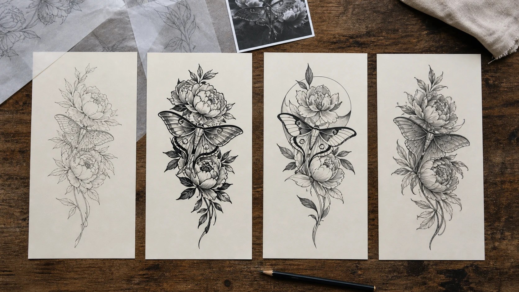 Four concept directions for the same moth-and-peony tattoo brief, each with different line weight and visual density