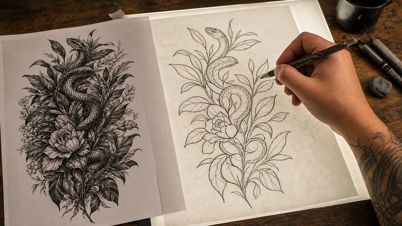 Dense generated tattoo artwork beside a cleaner hand-traced version with more negative space and deliberate contours