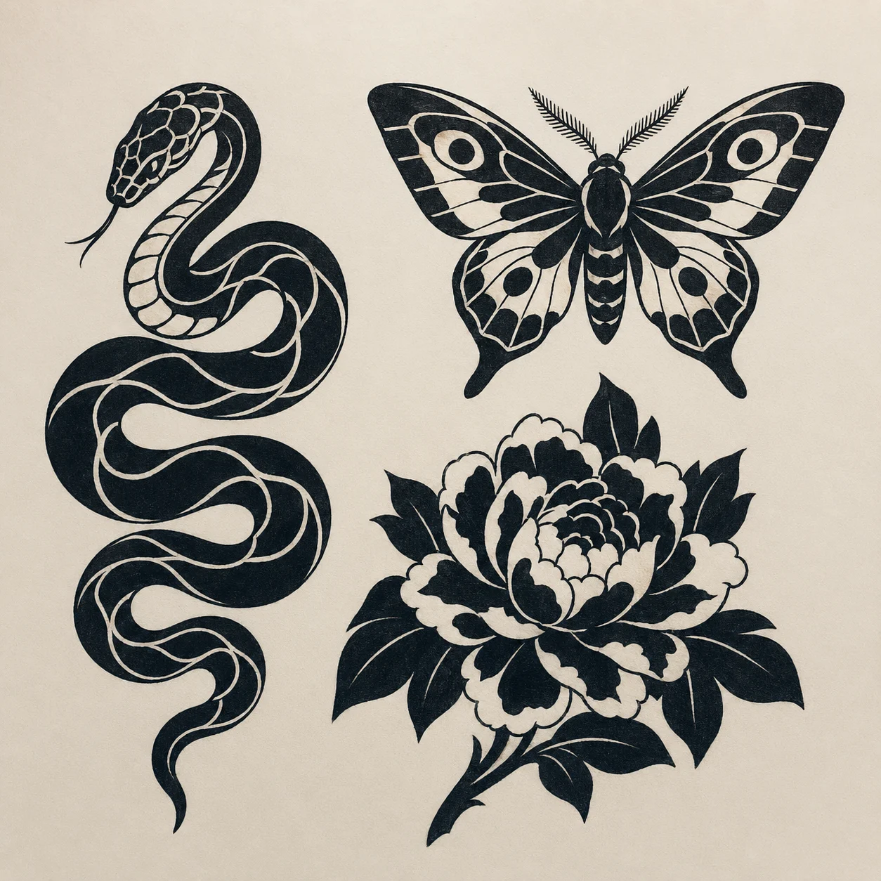 Blackwork tattoo flash sheet with snake, moth, and peony designs