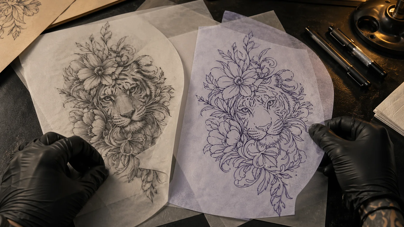 Tattoo concept simplified into stencil-ready linework
