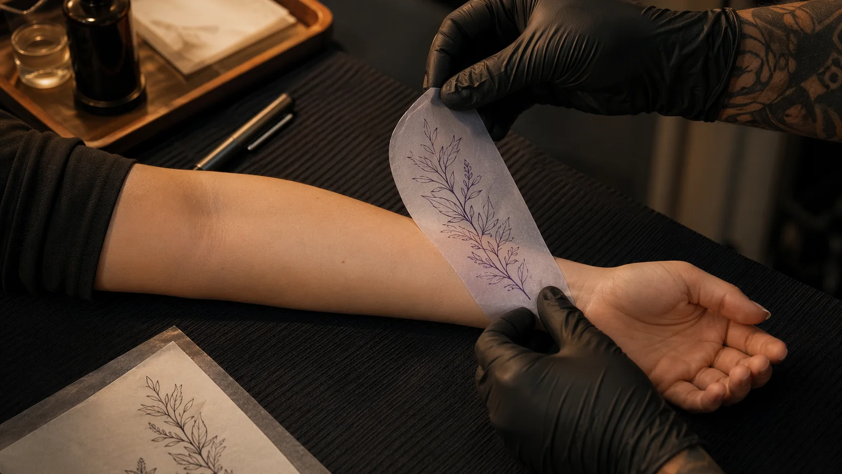 Tattoo placement preview with stencil over forearm