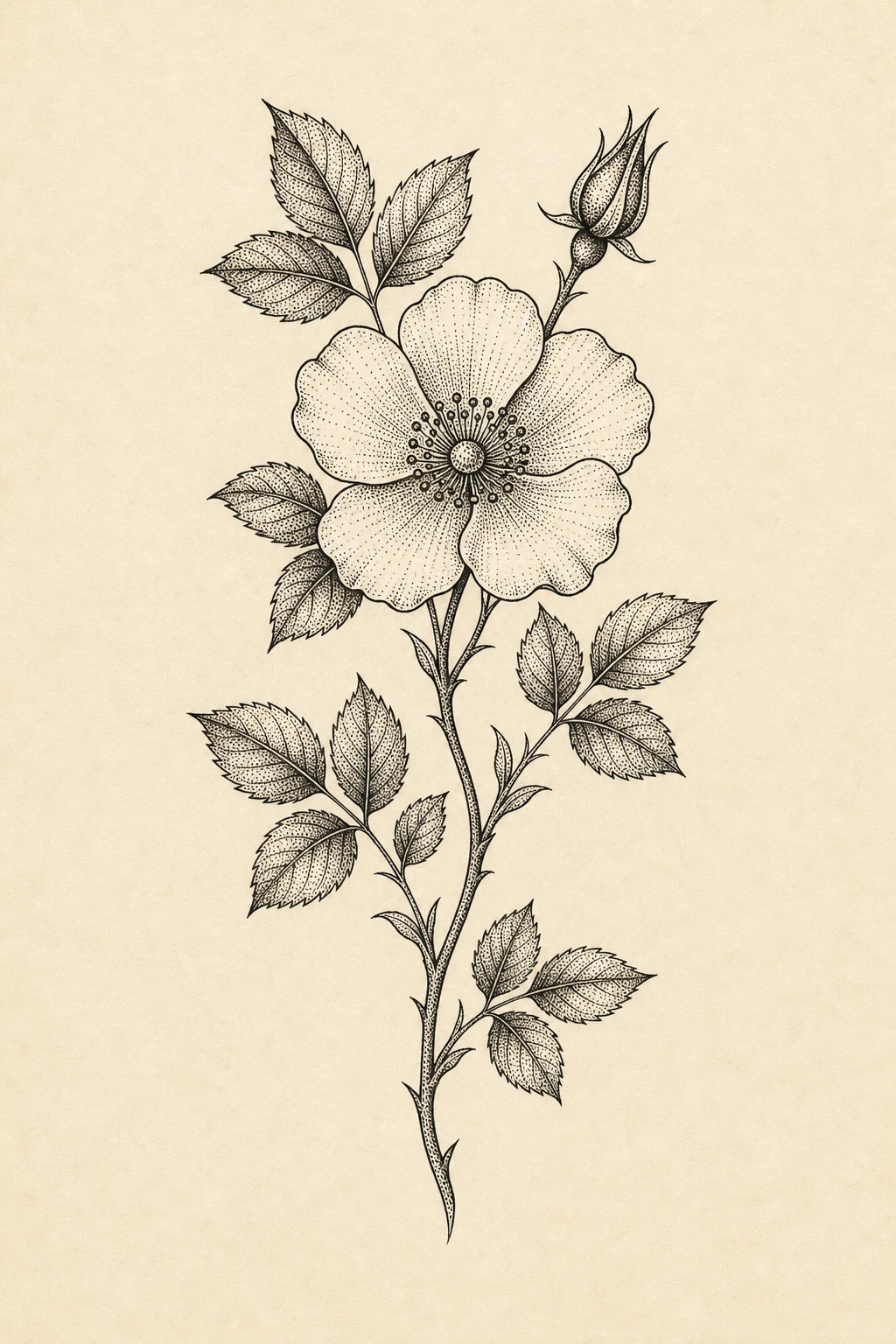Close-up of botanical stippling showing dot-density gradient