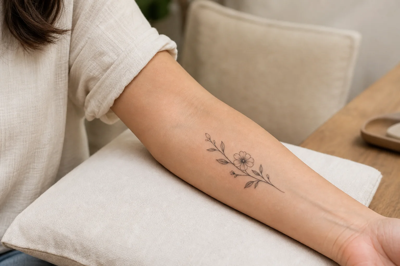 A fine-line botanical tattoo placed on an inner forearm, an ideal low-friction spot