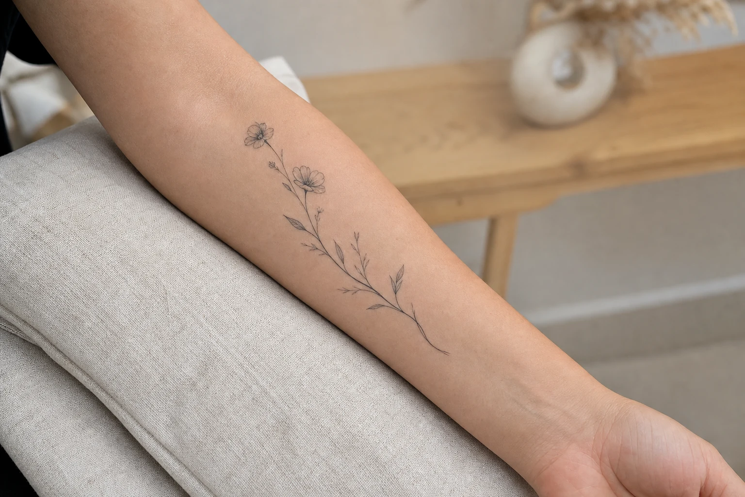 Fine line botanical tattoo running along an inner forearm