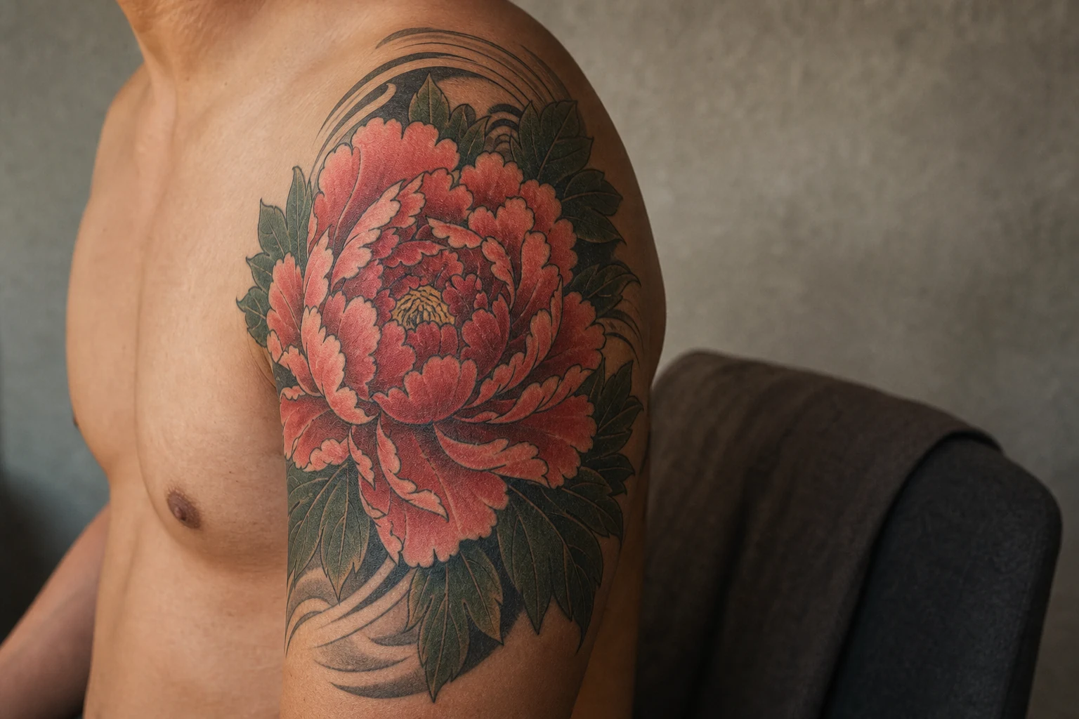 Japanese peony tattoo with layered petals on an upper arm