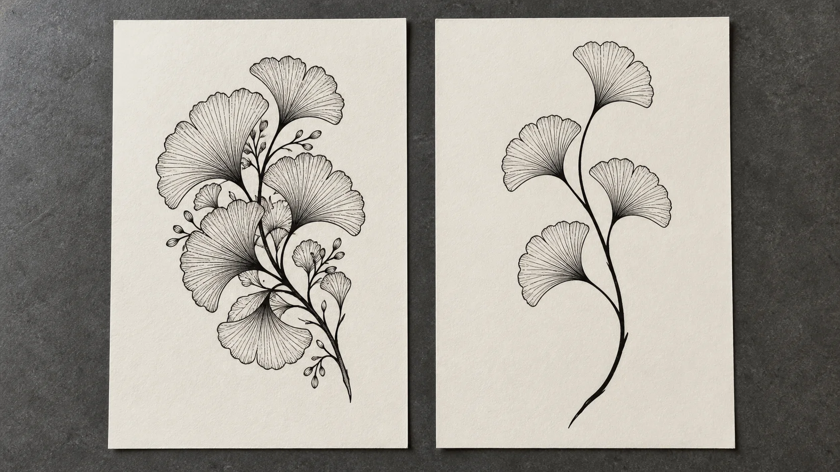 Two paper compositions showing clustered ginkgo leaves and a more open branch