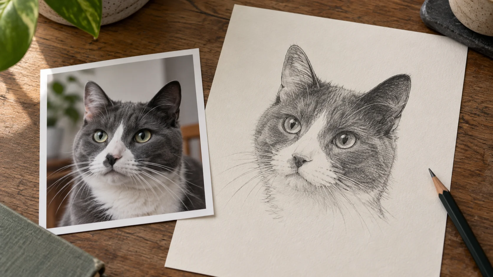 Fictional cat reference photograph beside a drawn portrait