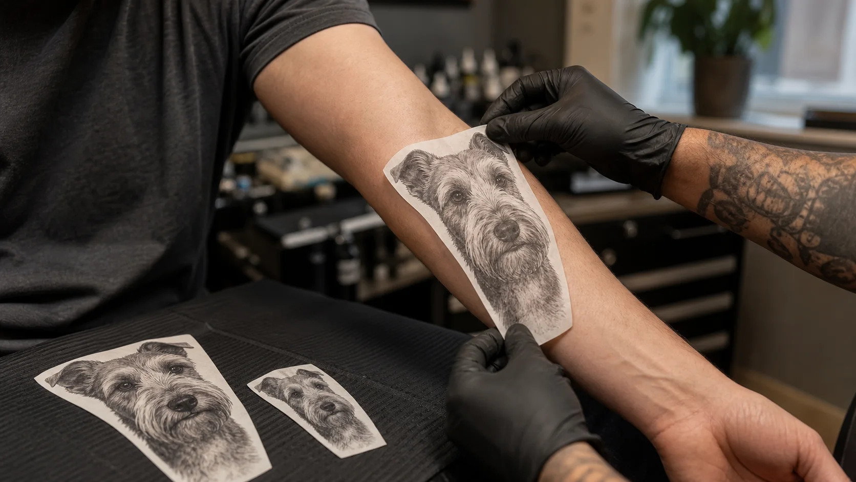 A tattoo artist positioning several paper sizes of a pet portrait along a client's forearm
