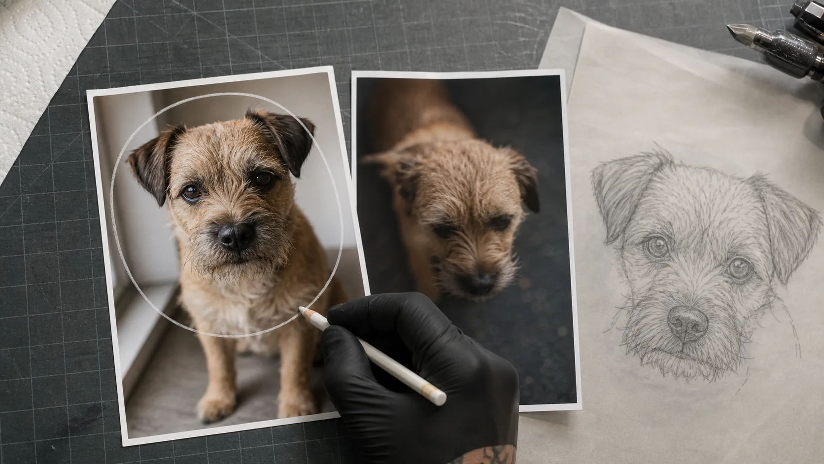 A sharp terrier reference in natural light beside a blurry backlit photo and a clean portrait sketch