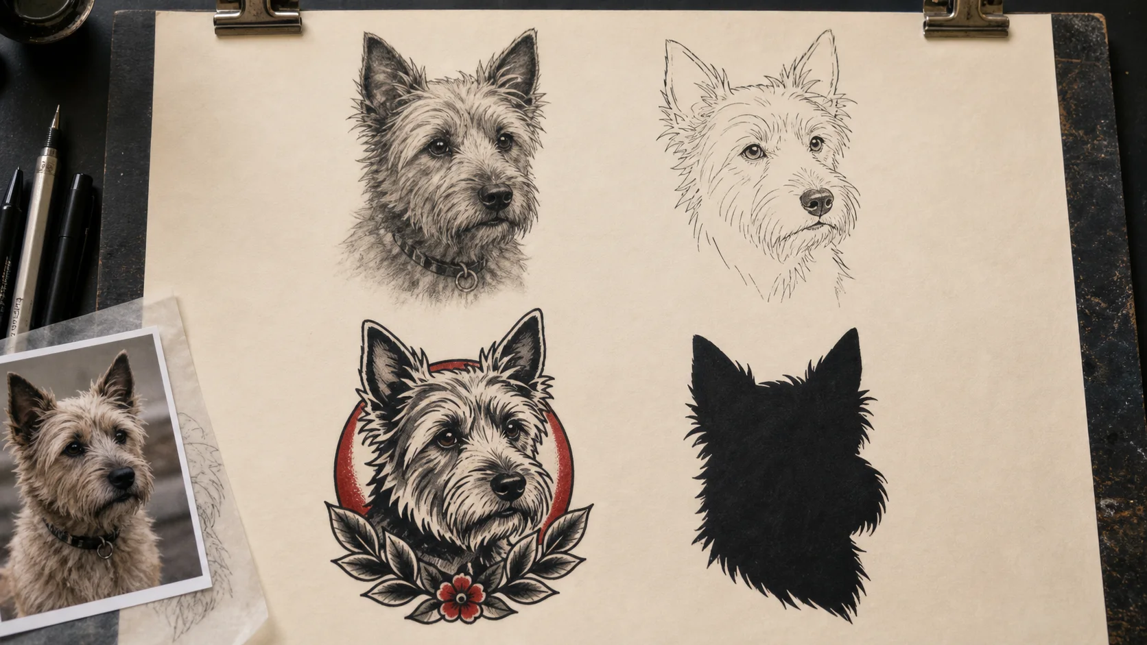 The same terrier translated into black-and-gray realism, fine line, American traditional, and blackwork studies