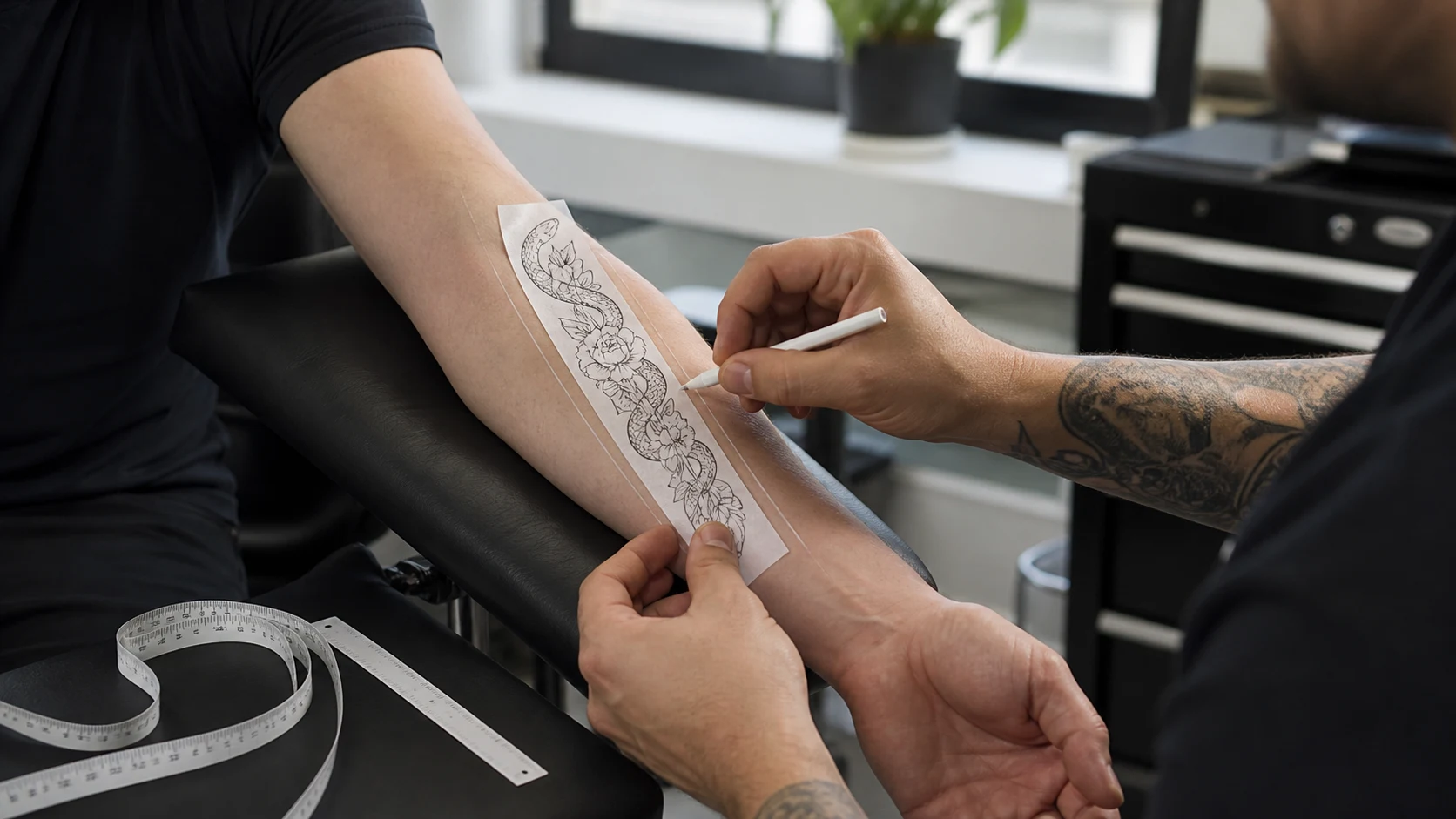 A tattoo artist marking the long axis and usable boundaries on an untattooed forearm during a placement check