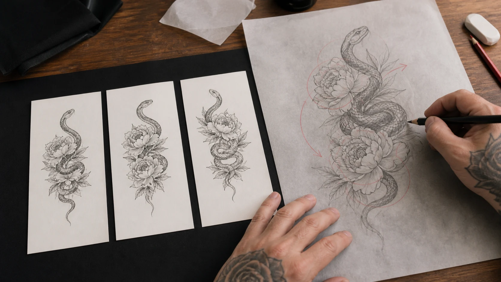 Three distinct concept directions being reduced to one artist-led drawing with pencil corrections