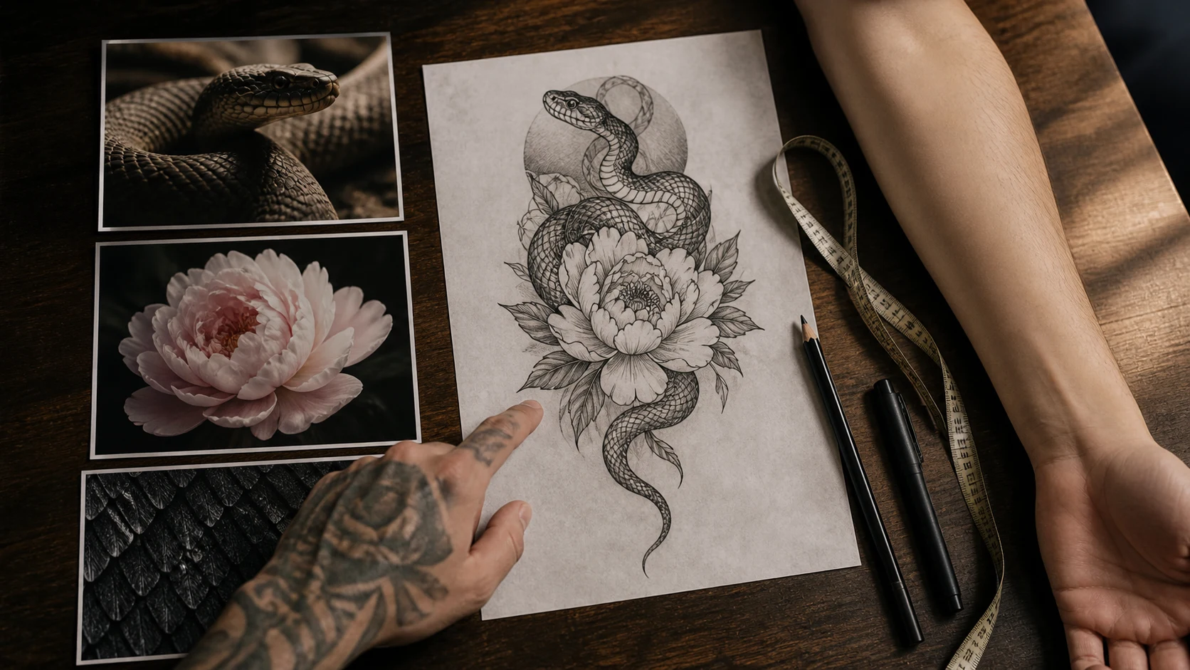 Reference images arranged beside a consolidated hand-drawn tattoo rough, measuring tape and the client’s forearm