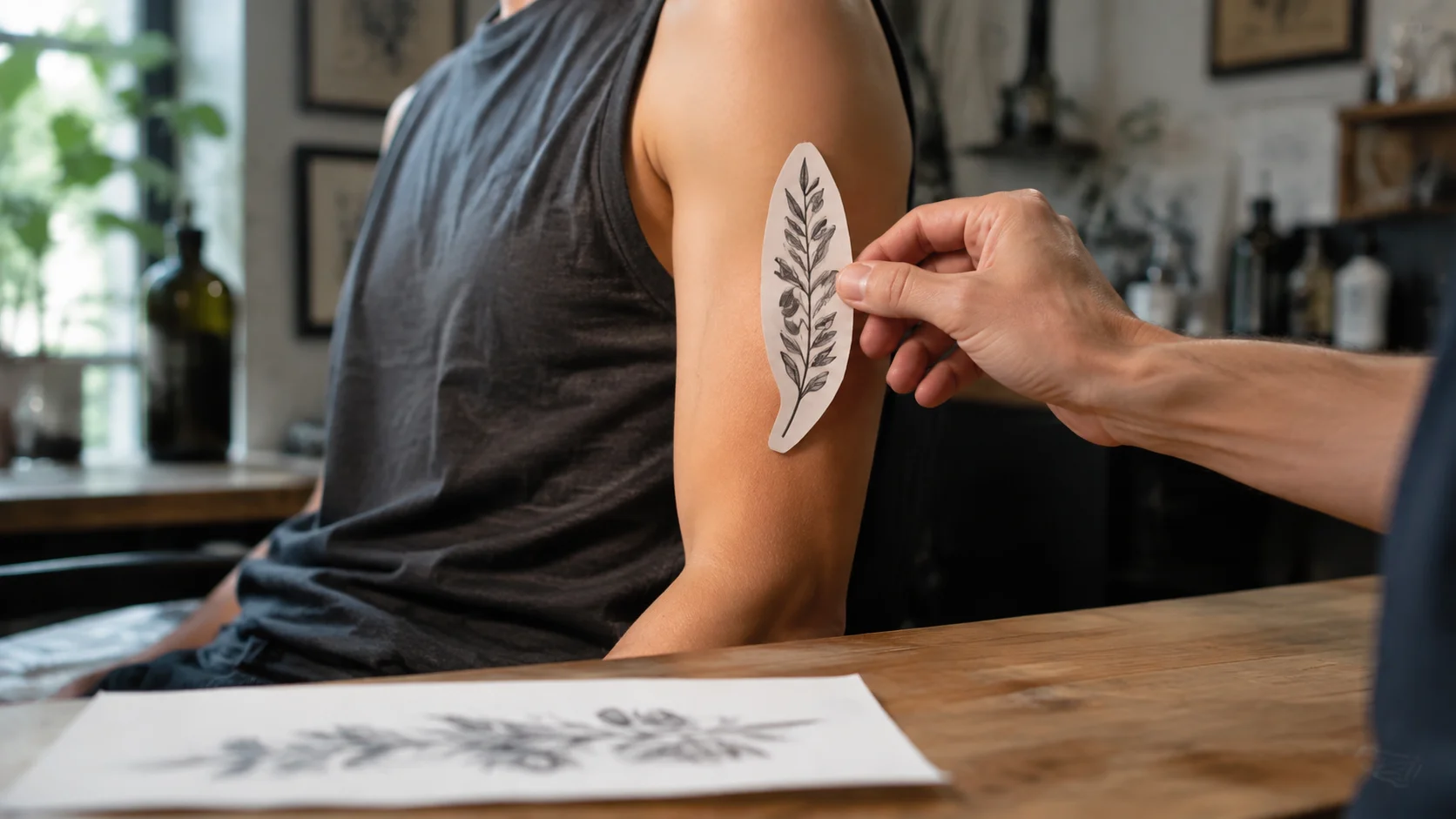 A paper olive-branch study is held against an adult's relaxed upper arm to compare size and direction