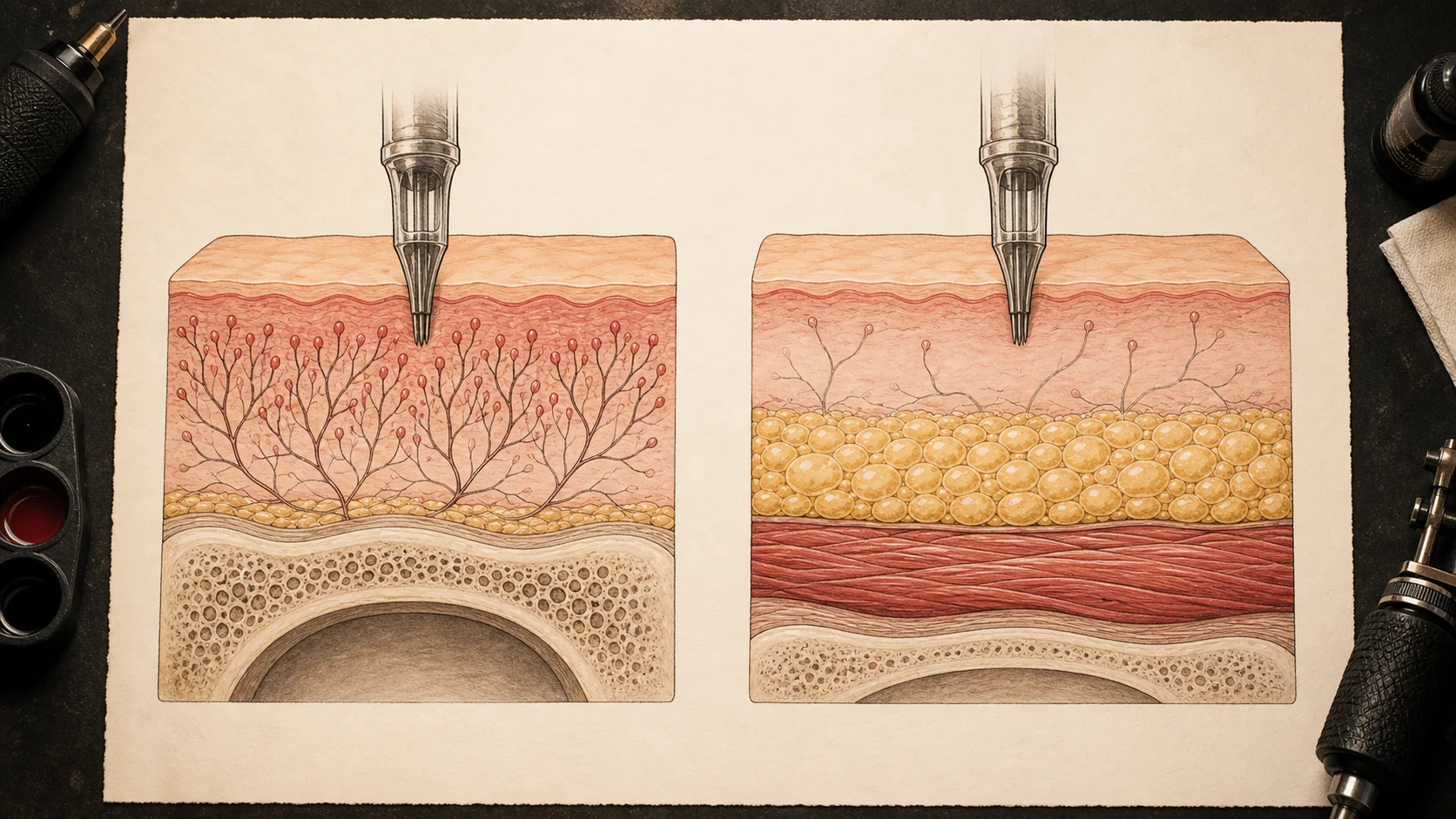Cross-section diagram showing skin thickness, fat layer, and bone proximity at a high-pain versus low-pain tattoo placement
