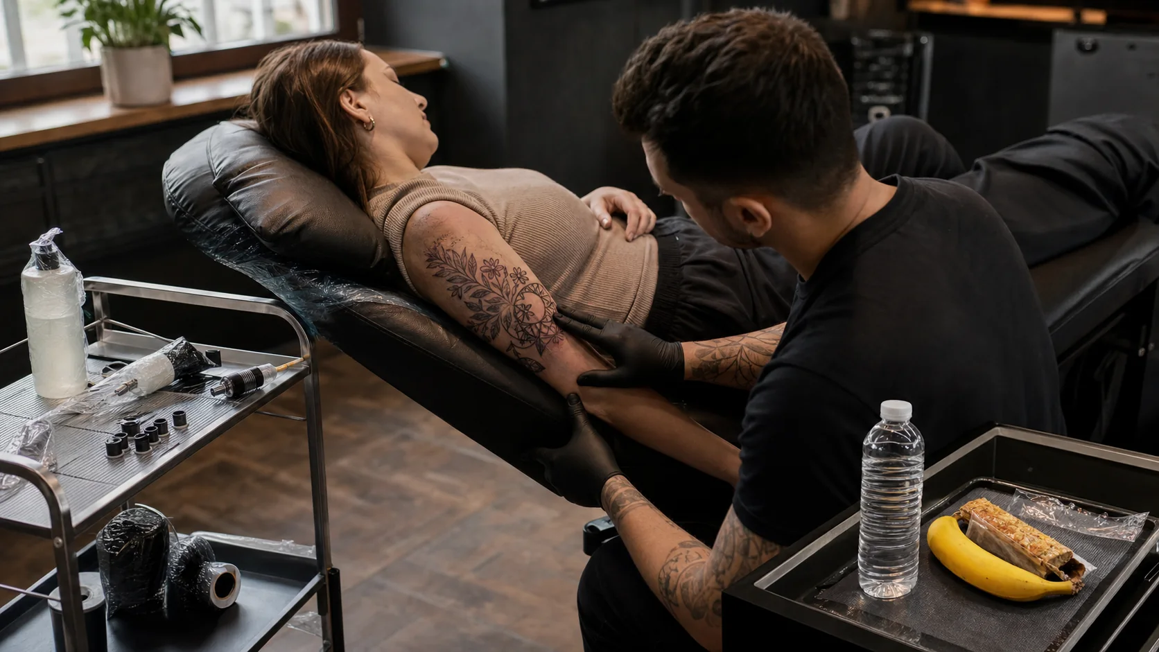 Long tattoo session in progress with the client resting and water and snacks within reach