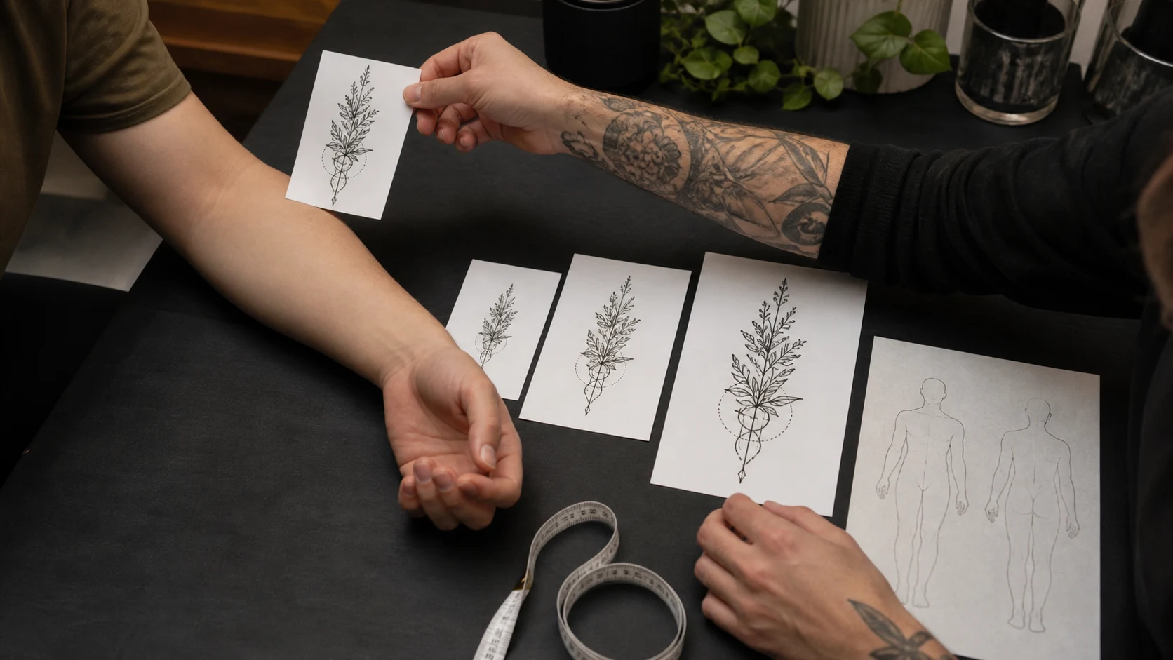 Several actual-size prints of one tattoo motif are compared beside a client's forearm