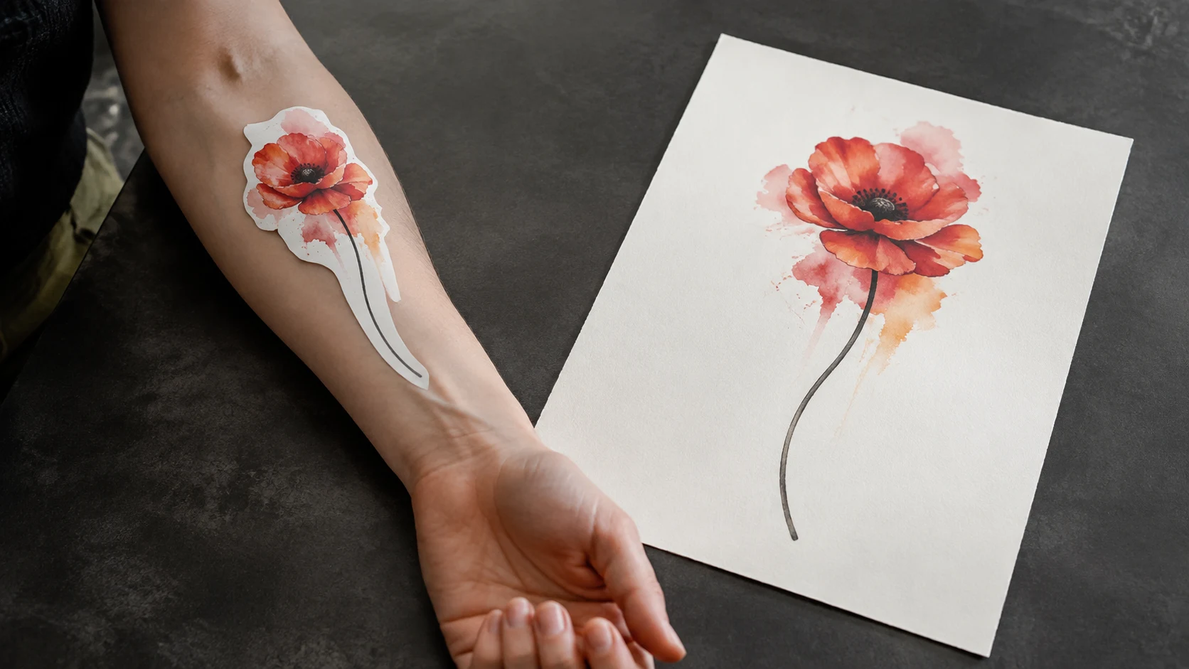 A watercolor poppy paper cutout rests on a forearm beside a larger version of the same concept