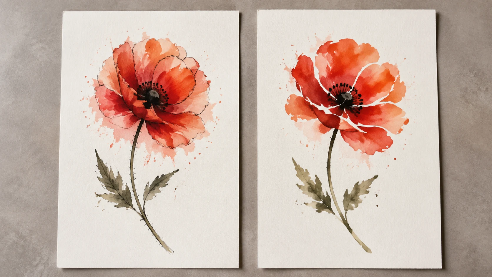 Two poppy studies compare a dark contour with separate watercolor shapes and a dark flower center