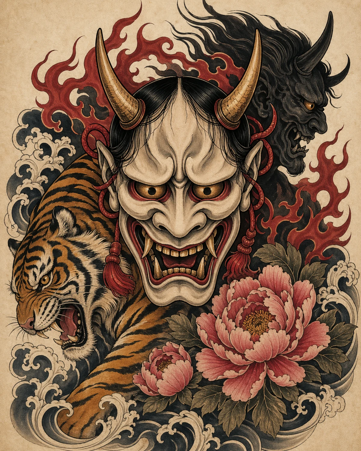 Hannya, tiger, oni, and masks Japanese